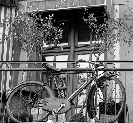 old bicycle tight to a balcony for decoration, olive trees