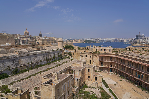 Valetta, Malta - June 11, 2023: Derelict section of St Elmo Fort on the coast of Valetta in Malta.