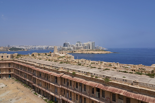 Valetta, Malta - June 11, 2023: Derelict section of St Elmo Fort on the coast of Valetta in Malta.