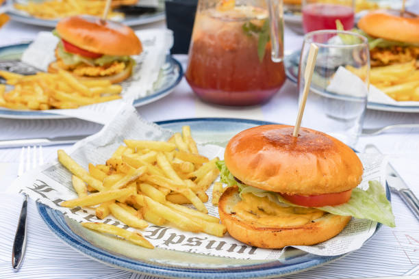 istock Close-up burger on plate at lifestyle restaurant 1596729793