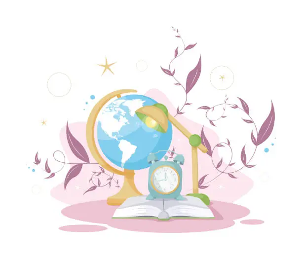 Vector illustration of Illuminating Education: Book, Globe, Clock, and Desk Lamp in the Realm of Learning