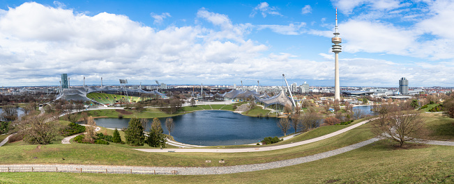 A panoramic view of the Olympiapark, located in Munich. Built for the 1972 Summer Olympic Games, the Olympia Park is a large complex that often hosts cultural, social and sporting events.