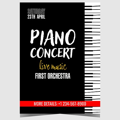 Piano concert poster design template with black and white piano keys on the background. Vector promo banner, brochure, booklet or invitation leaflet for live concert of classical piano music.