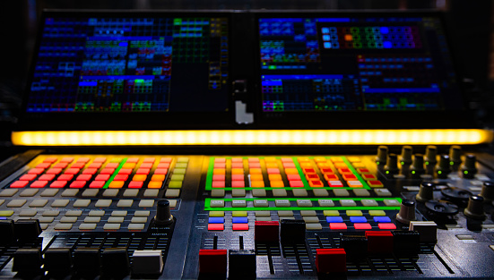 Lighting technician equipment in concert hall