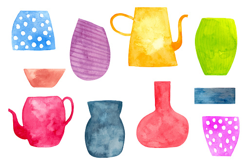 Collection of vases.Simple silhouette,various shapes.Home decor for houseplants.Clipart Garden equipment.Hand drawn watercolor illustration.
