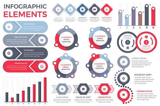 Business infographic elements and templates collection - bar charts, steps and options, circle diagrams, vector eps10 illustration
