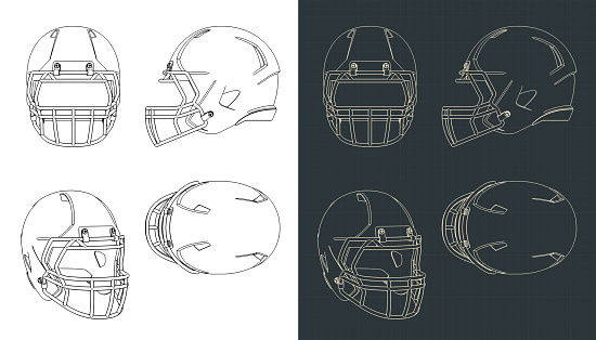 Stylized vector illustrations of blueprints of american football helmet