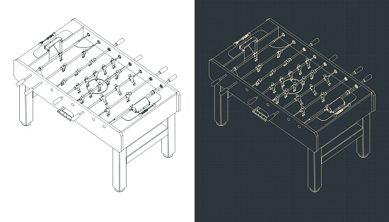 Stylized vector illustration of isometric blueprint of a classic foosball table