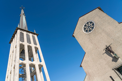 Historical bell tower of Igreja de Matriz in the old town village area of Albufeira in Portugal