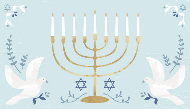 Golden menorah A menorah, doves, and details in a cut paper style with textures hannukkah stock illustrations