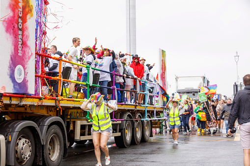 Brighton, England - August 5th 2023: Clarion Housing Association at the pride parade. The Brighton & Hove Pride Parade 2023 begins in wet and rainy conditions on August 05, 2023, in Brighton, England.