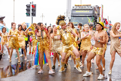 Brighton, England - August 5th 2023:  The Brighton & Hove Pride Parade 2023 begins in wet and rainy conditions on August 05, 2023, in Brighton, England.
