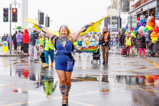 Brighton, England - August 5th 2023: The Pensions Regulator at the pride parade. The Brighton & Hove Pride Parade 2023 begins in wet and rainy conditions on August 05, 2023, in Brighton, England.
