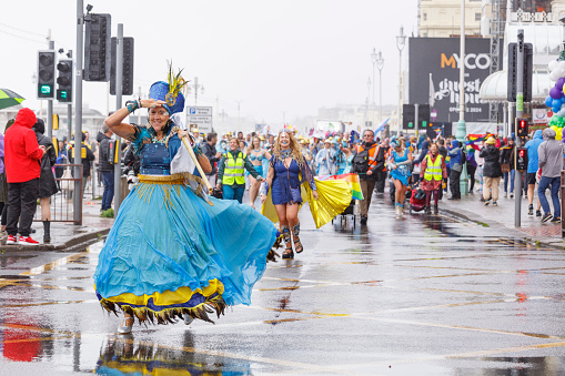 Brighton, England - August 5th 2023: The Pensions Regulator at the pride parade. The Brighton & Hove Pride Parade 2023 begins in wet and rainy conditions on August 05, 2023, in Brighton, England.