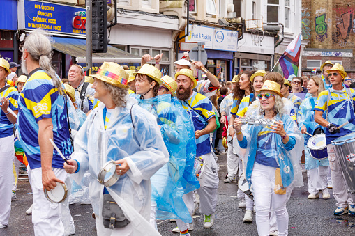 Brighton, England - August 5th 2023:  The Brighton & Hove Pride Parade 2023 begins in wet and rainy conditions on August 05, 2023, in Brighton, England.