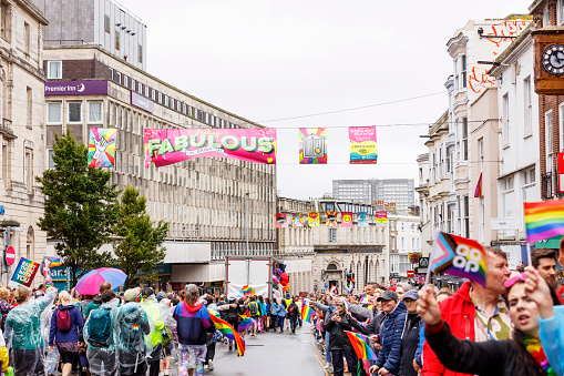 Brighton, England - August 5th 2023: Huge crowds turned out for Pride in Brighton with thousands taking part in a colourful parade. The Brighton & Hove Pride Parade 2023 begins in wet and rainy conditions on August 05, 2023, in Brighton, England.