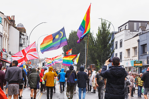 Brighton, England - August 5th 2023: The Brighton & Hove Pride Parade 2023 begins in wet and rainy conditions on August 05, 2023, in Brighton, England.
