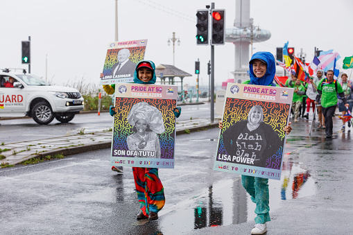 Brighton, England - August 5th 2023: Pride at 50. The Brighton & Hove Pride Parade 2023 begins in wet and rainy conditions on August 05, 2023, in Brighton, England.