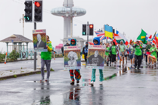 Brighton, England - August 5th 2023: Pride at 50. The Brighton & Hove Pride Parade 2023 begins in wet and rainy conditions on August 05, 2023, in Brighton, England.