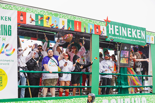 Brighton, England - August 5th 2023: Heineken at the pride parade. The Brighton & Hove Pride Parade 2023 begins in wet and rainy conditions on August 05, 2023, in Brighton, England.