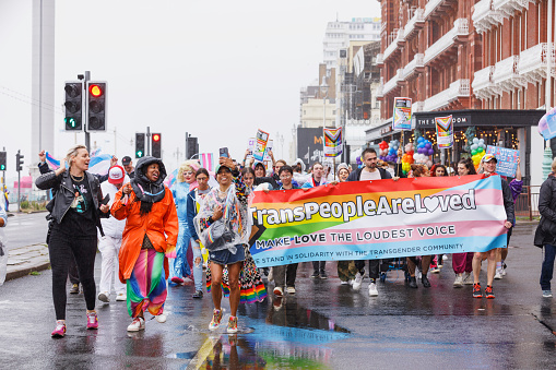 Brighton, England - August 5th 2023: at the pride parade. The Brighton & Hove Pride Parade 2023 begins in wet and rainy conditions on August 05, 2023, in Brighton, England.