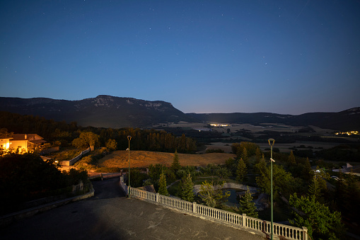 Galdeano village in Allin Navarre Spain. Night view of the mountains and stars on June 23, 2023.