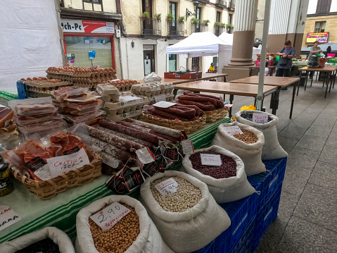 Ordizia Gipuzkoa Basque country Spain on June 21, 2023 The traditional fair in Ordizia every Wednesday is a meeting place for buyers and sellers of agricultural produce from the area. It is sheltered by a structure with thick columns, and has numerous stalls of all kinds.