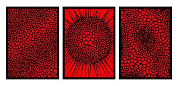 Vector illustration of Black and red posters set with organic cells pattern. Vector grid mesh background.