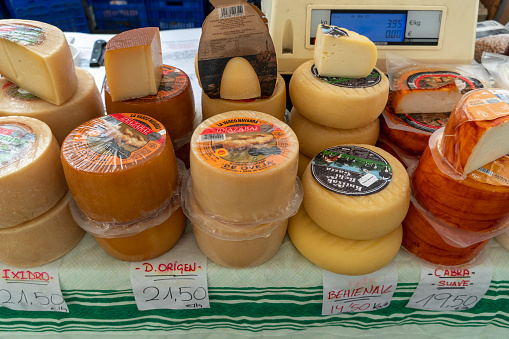 Ordizia Gipuzkoa Spain on June 21, 2023 The traditional fair in Ordizia every Wednesday is a meeting place for buyers and sellers of agricultural produce from the area. Cheeses display.