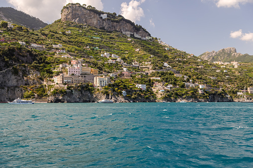 Amalfi Coast, Italy - July 27, 2023: Luxury hotels and resorts along the shores and cliffs of the Amalfi Coast