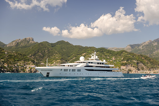 Amalfi Coast, Italy - July 27, 2023: The luxury yacht \