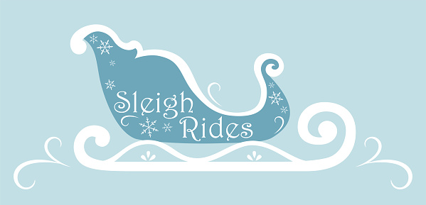 A wintery blue and white sleigh with Sleigh Rides text