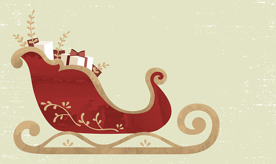 A holiday sleigh full of gifts, in a cut paper style with textures, red and green