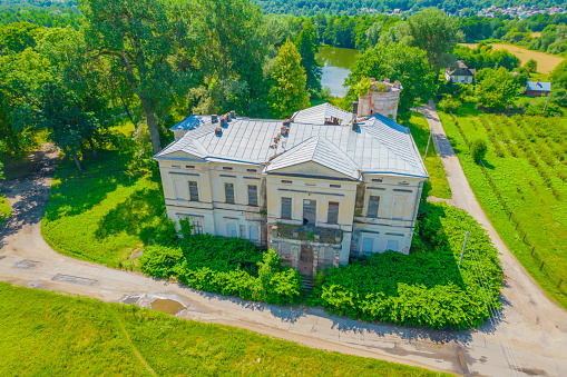 Baltoji Voke abandoned manor in Lithuania. Aerial view of a palace