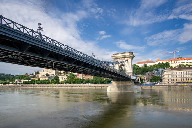 budapest, hu 11. juni 2023 weitwinkel-landschaftsansicht der széchenyi-kettenbrücke, einer kettenbrücke, die die donau zwischen buda und pest überspannt. - editorial eastern europe europe reflection stock-fotos und bilder