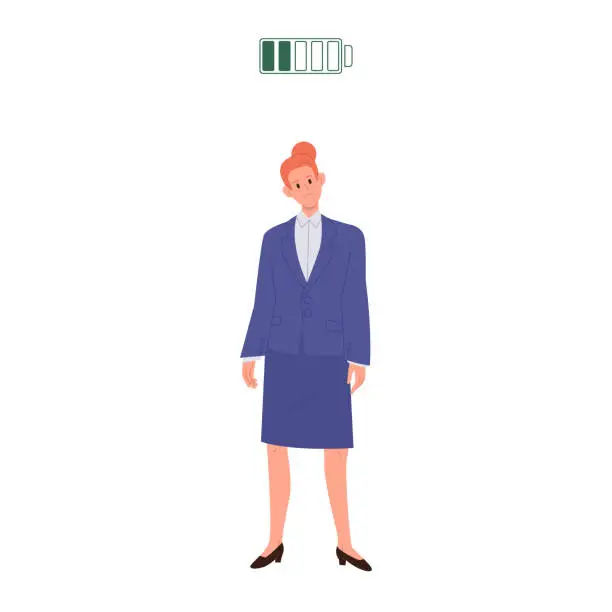 Vector illustration of Cartoon business woman character feeling lack of energy having uncharged power battery status