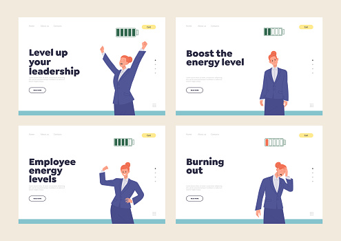Isolated set of landing page design template for business training course or coaching service boosting energy level of company staff preventing burnout depression, efficiency and motivation decreasing