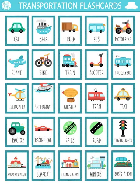 Vector illustration of Vector big transportation flash cards set with car, helicopter, tram, taxi. English language game with cute transport and places for kids. Vehicles flashcards. Simple educational printable worksheet