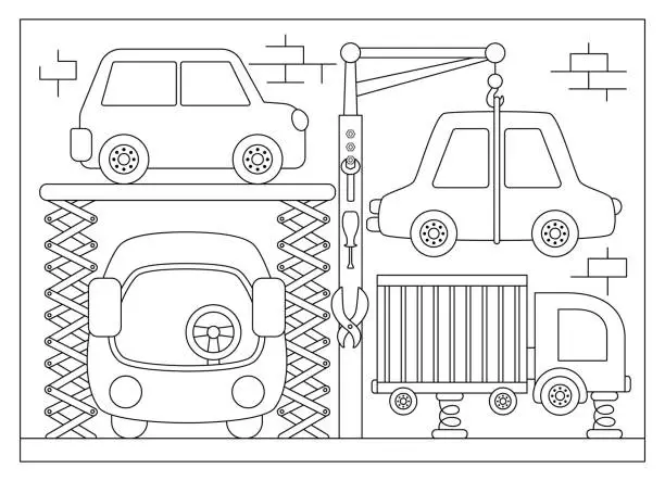 Vector illustration of Car service vector line illustration for kids. Vehicle black and white repair scene with cute bus and truck. Workshop with transport, tools. Garage coloring page with transportation on lift jacks