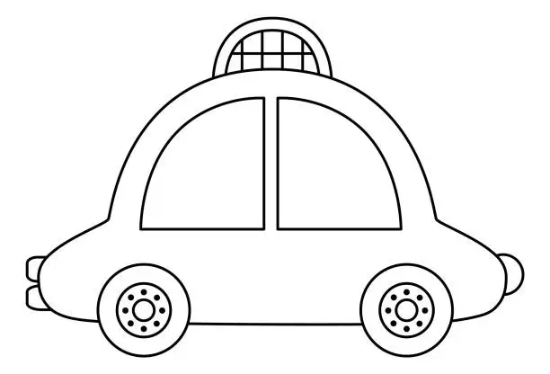 Vector illustration of Vector black and white taxi car. Funny line cab for kids. Cute vehicle clip art. Retro transport icon or coloring page isolated on white background