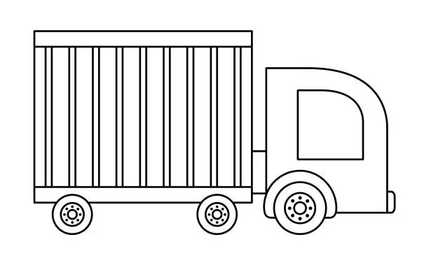 Vector illustration of Vector black and white truck car. Funny line automobile for kids. Cute vehicle clip art. Retro lorry transport icon or coloring page isolated on white background