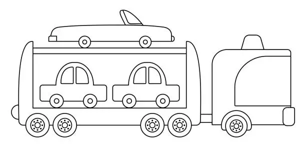 Vector illustration of Vector black and white car carrier car. Funny line automobile for kids. Cute vehicle clip art. Retro lorry transport icon or coloring page isolated on white background. Transporter or truck picture