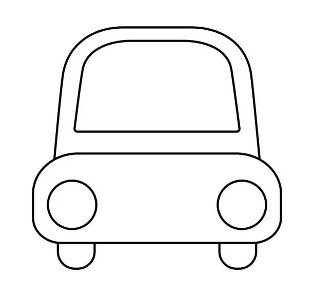 Vector illustration of Vector black and white car front view. Funny automobile for kids. Cute vehicle line clip art. Retro transport icon or coloring page isolated on white background