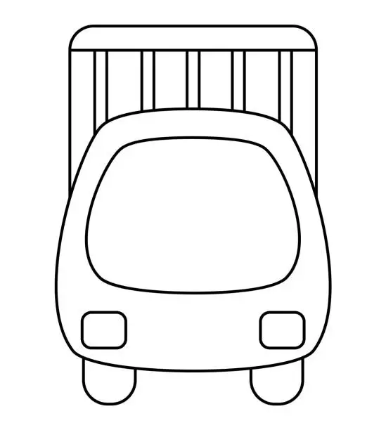 Vector illustration of Vector black and white truck car. Funny front view automobile for kids. Cute vehicle line clip art. Retro lorry transport icon or coloring page isolated on white background