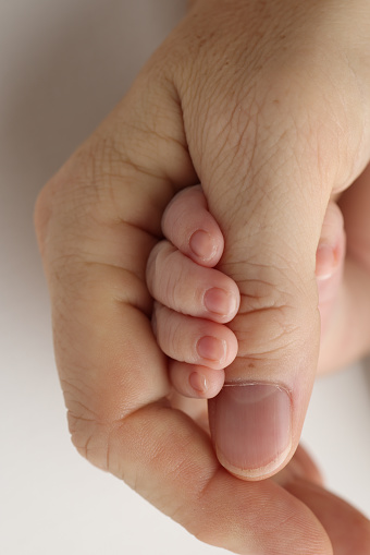Close-up of a small hand of a child and the hand of mother and father. A newborn baby after birth holds tightly, squeezed the thumb of its parents.