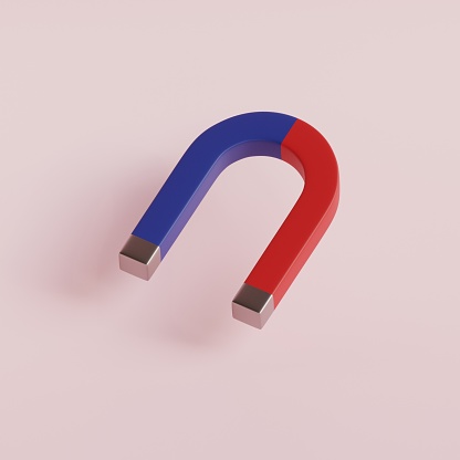 Red and blue metallic horseshoe magnet. 3d render illustration