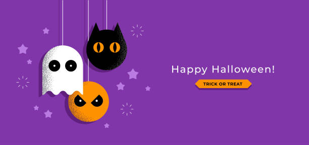 Halloween design with pumpkin, ghost and cat. Halloween greeting card or banner design with cute pumpkin, ghost and cat head symbols. happy halloween banner stock illustrations