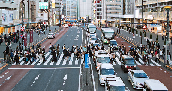 Car traffic transportation, Japanese people, crowd Asian commuter walk cross road in Shinjuku Tokyo Japan, evening time. Asia transport, Asian community, urban city life concept