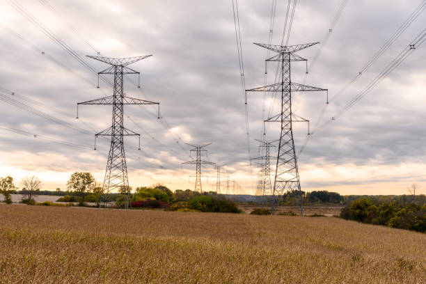 Electricity pylons supporting high voltage power lines in the countryside of Ontario under autumnal cloudy sky at sunset