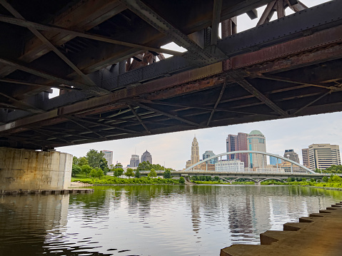 The Underneath of a Railroad Trestle Bridge Looking Up the Scioto River Towards Downtown Columbus Ohio.  The Discovery Bridge and the downtown skyline are shown in the distance. The image is taken from Bicentennial Park.
